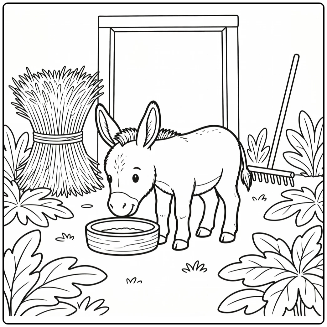 Baby donkey coloring page at wooden feed bowl