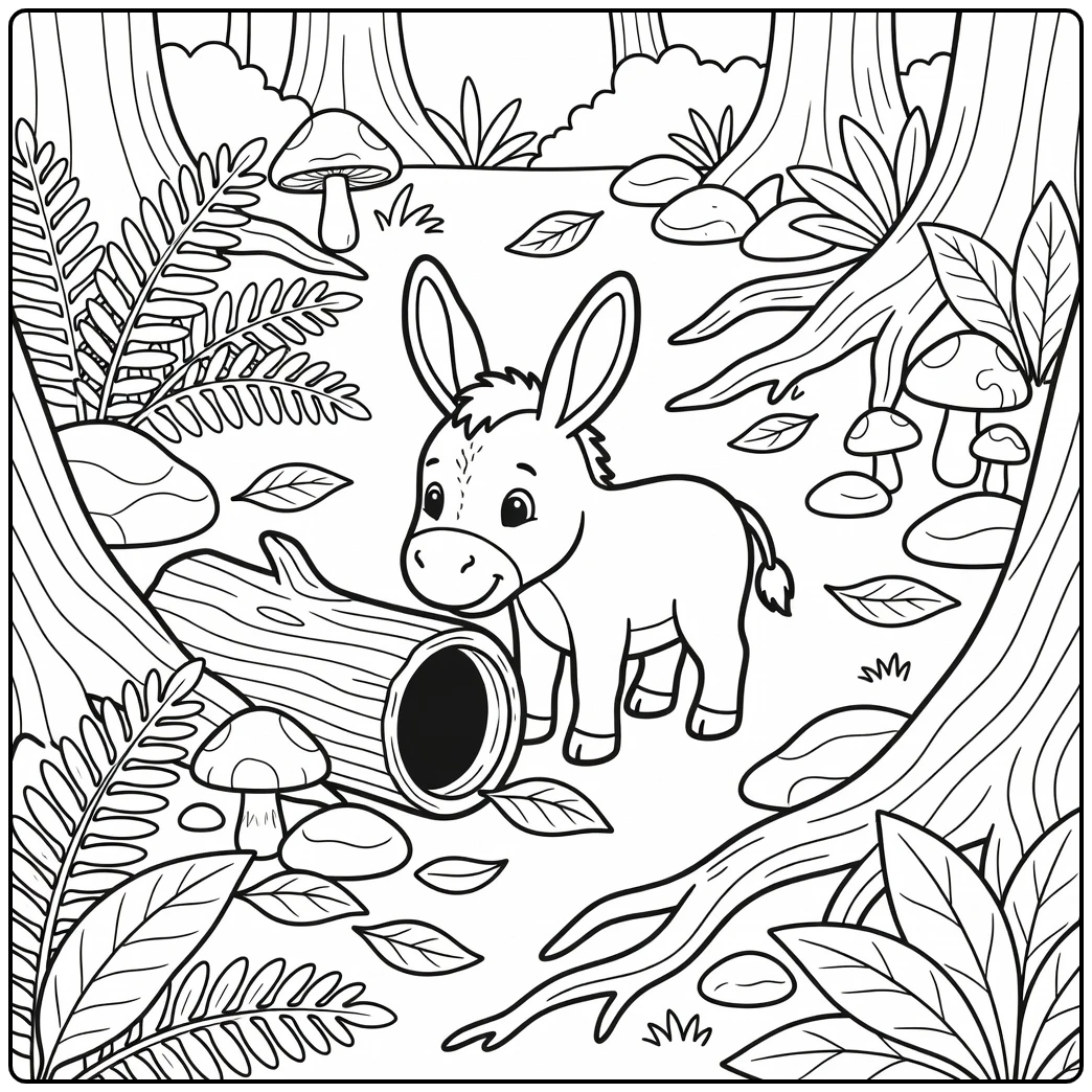 Baby donkey coloring page in curious woodland clearing