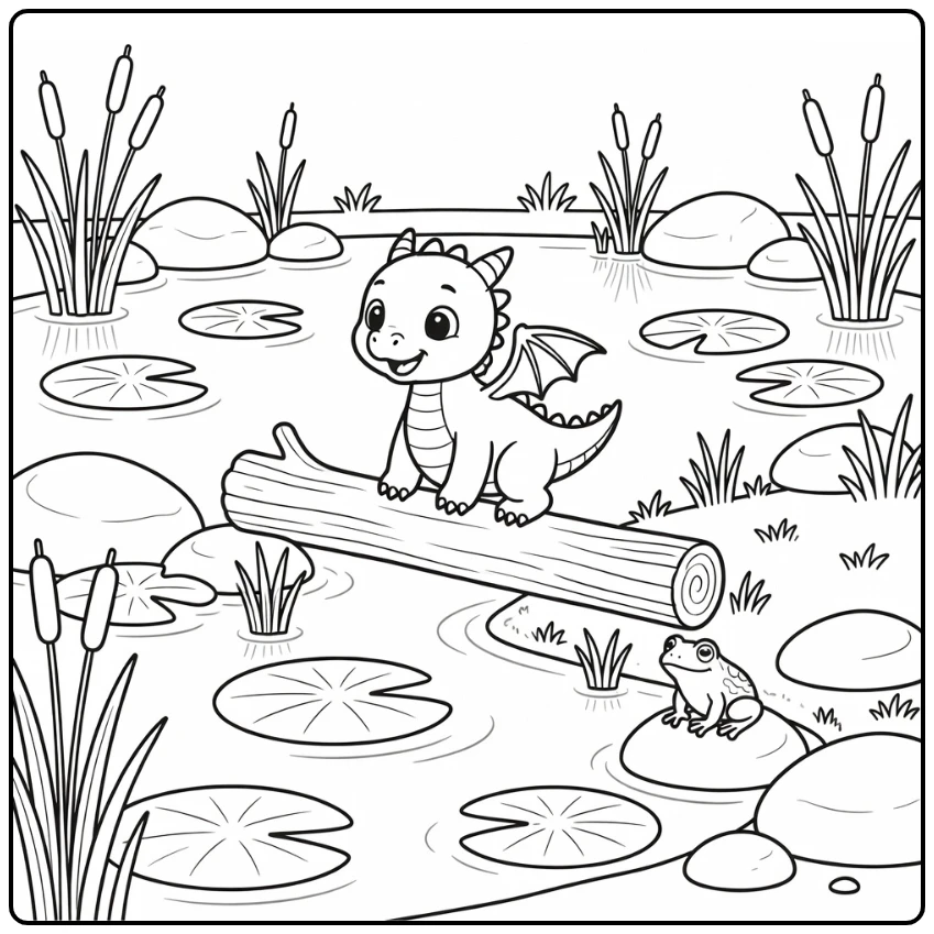 Baby dragon coloring page balancing on log by pond with frog