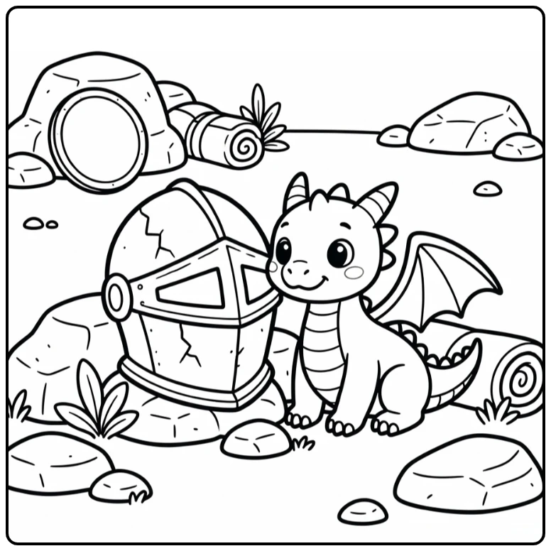 Baby dragon coloring page with cracked helmet in knight camp