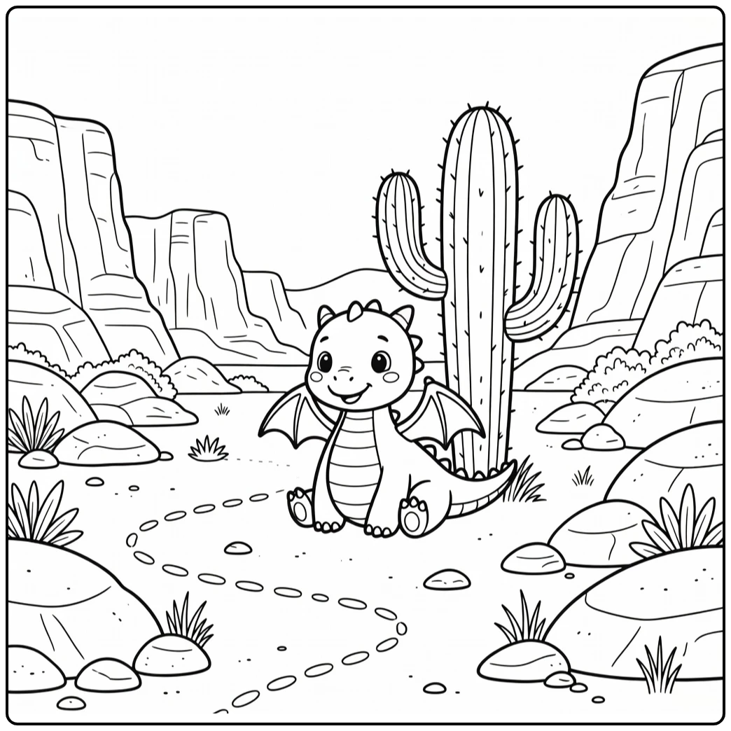 Baby dragon coloring page with cactus in dry canyon
