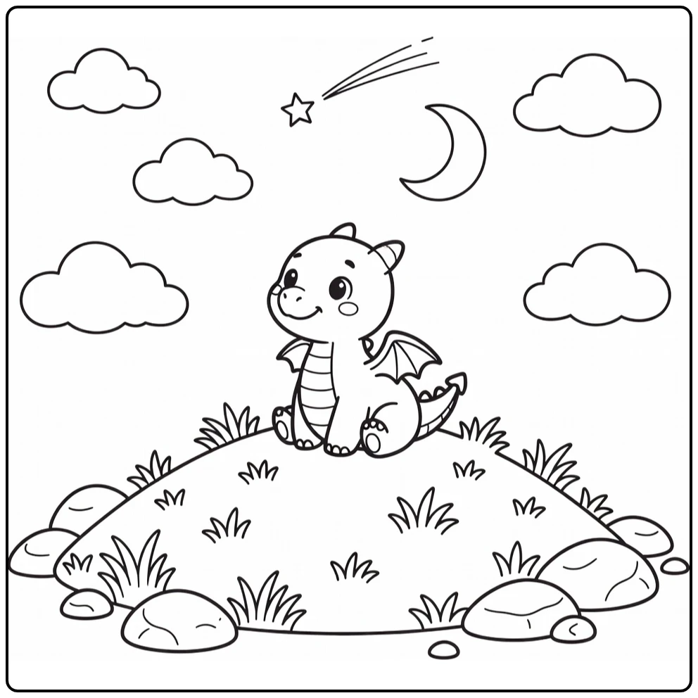 Baby dragon coloring page: cute dragon on hilltop eyes on shooting star