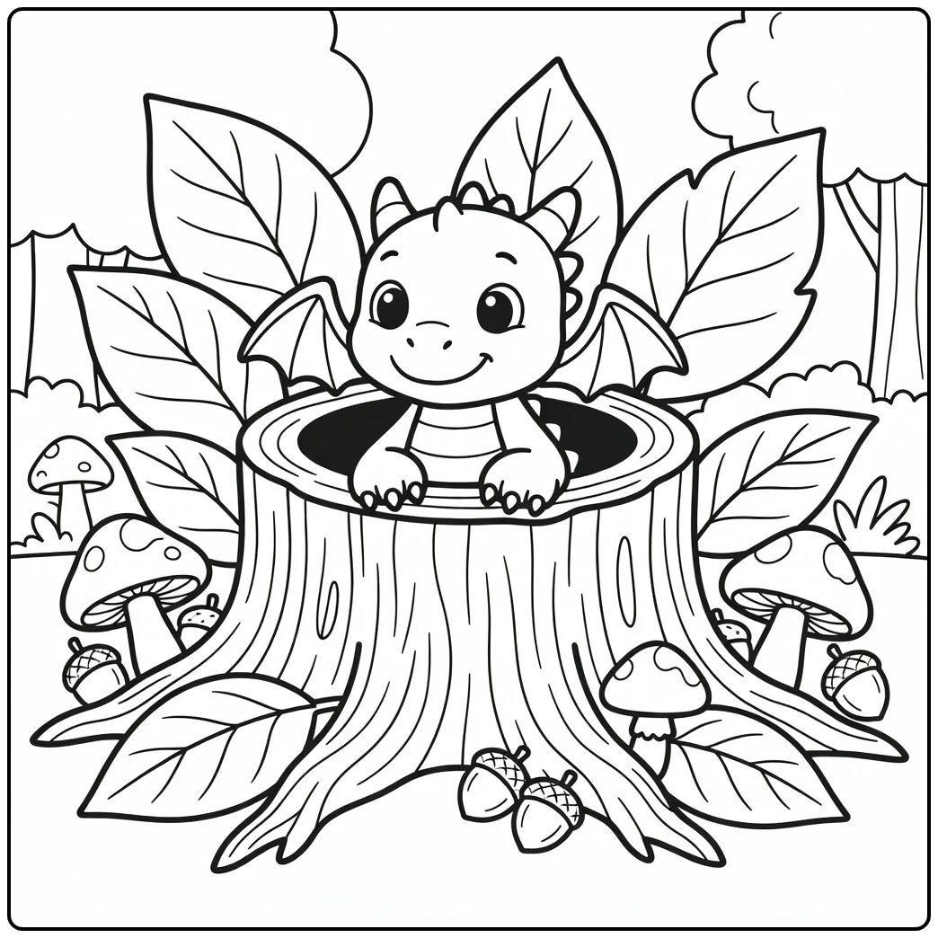 Cute baby dragon coloring page peeking from tree stump