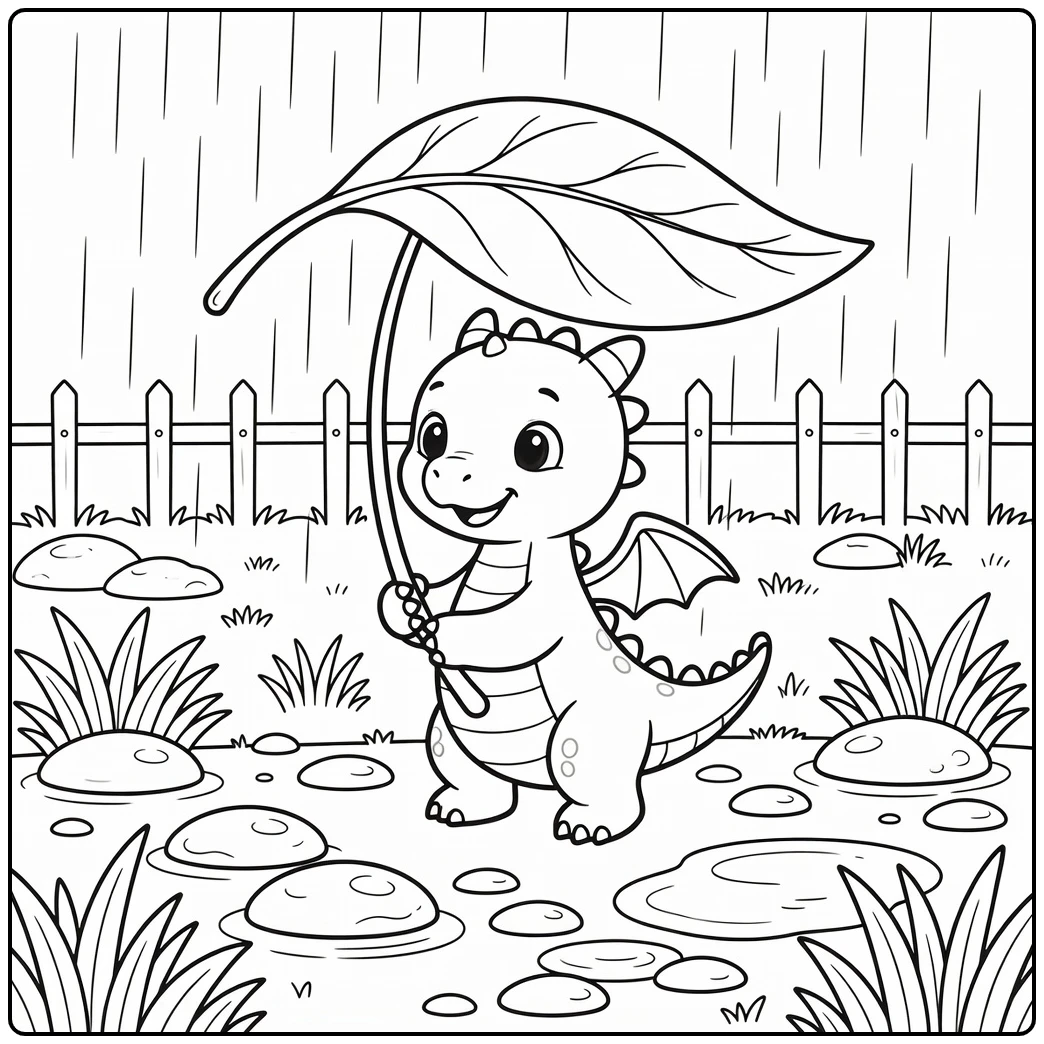 Baby dragon coloring page: leaf umbrella in rain with puddles