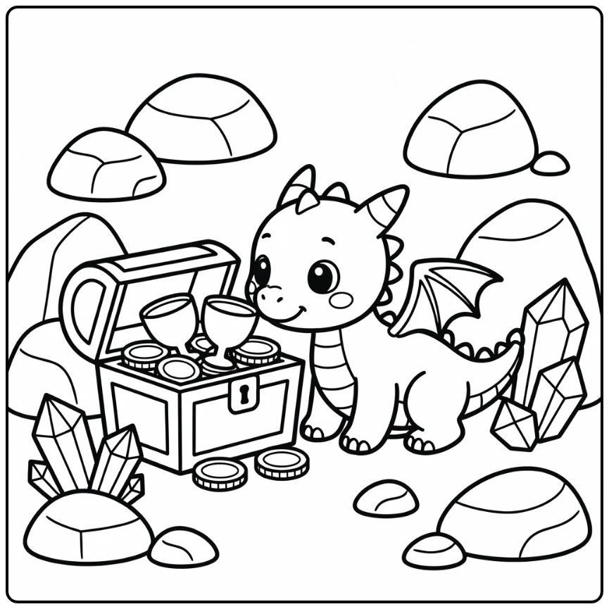 Baby dragon coloring page exploring tiny treasure cave with coins