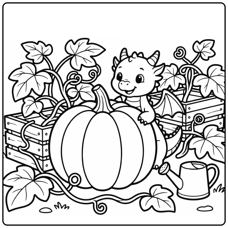 Cute baby dragon coloring page peeking from large pumpkin