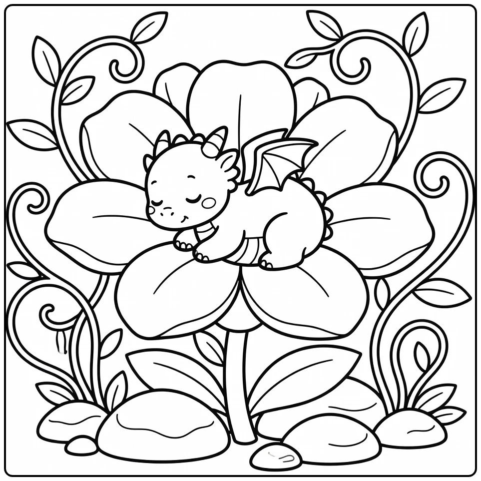 Baby dragon coloring page: napping in giant flower blossom