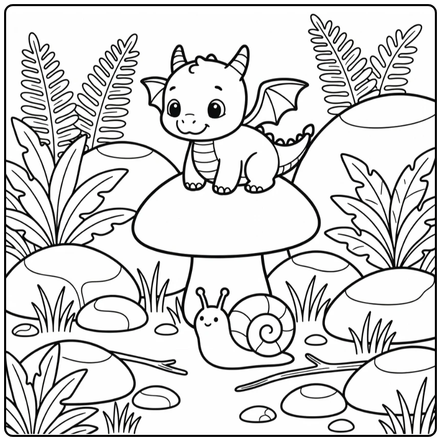 Cute baby dragon coloring page on mushroom with snail