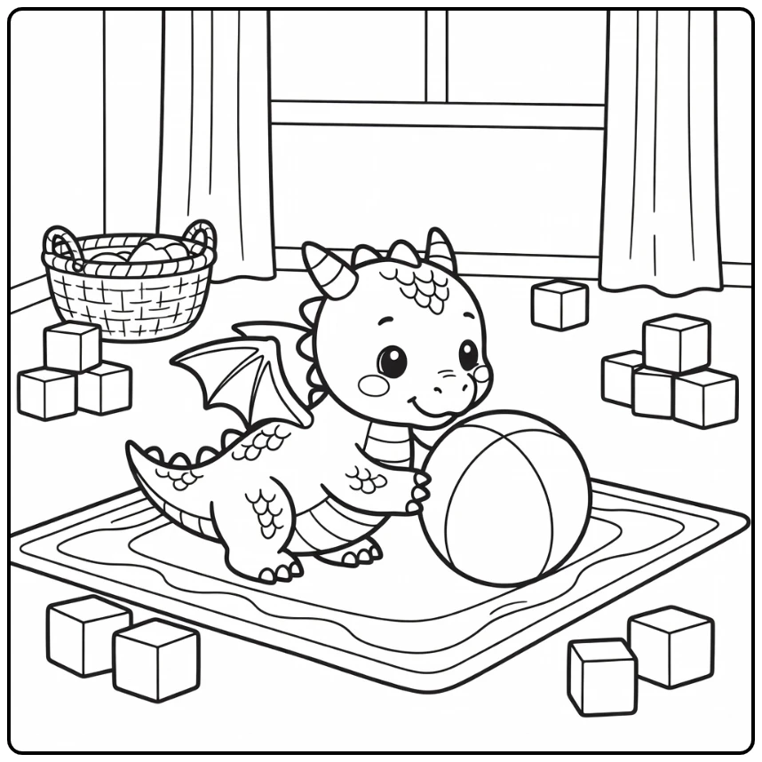 Baby dragon coloring page pushing toy ball in nursery