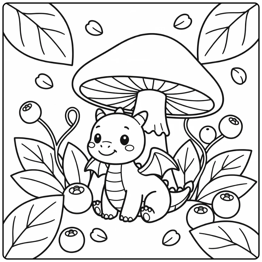Cute baby dragon coloring page under giant toadstool with petals