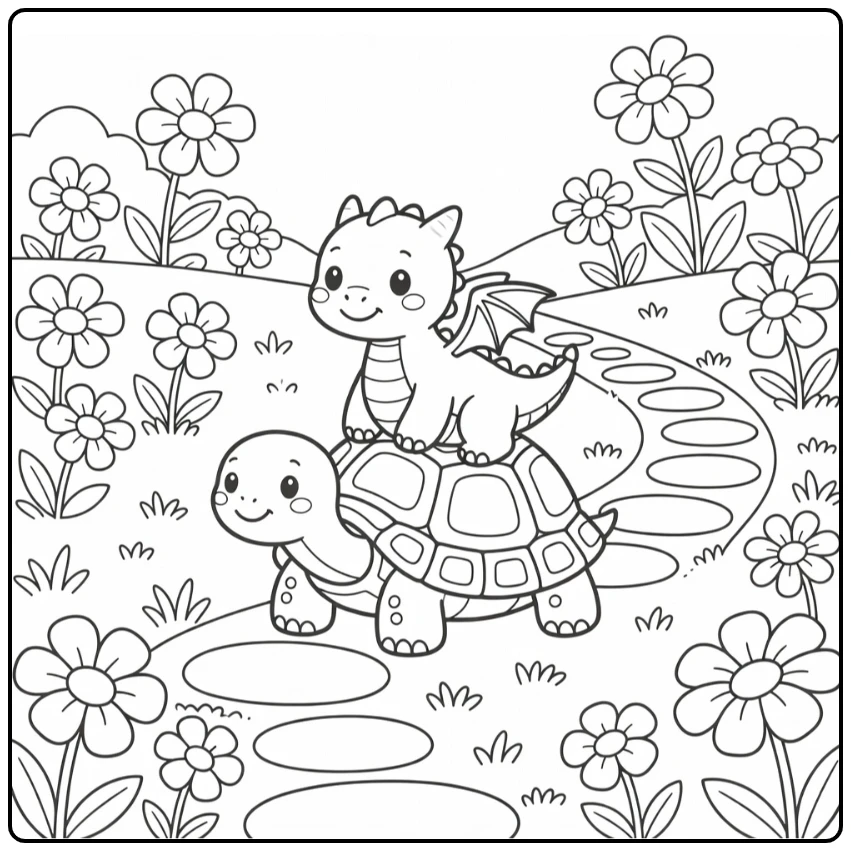 Baby dragon coloring page: cute dragon rides tortoise in meadow