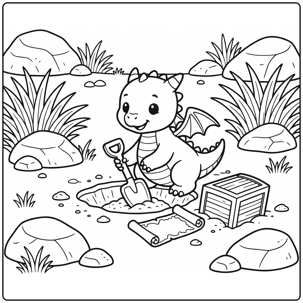 Baby dragon coloring page digging hole by treasure map