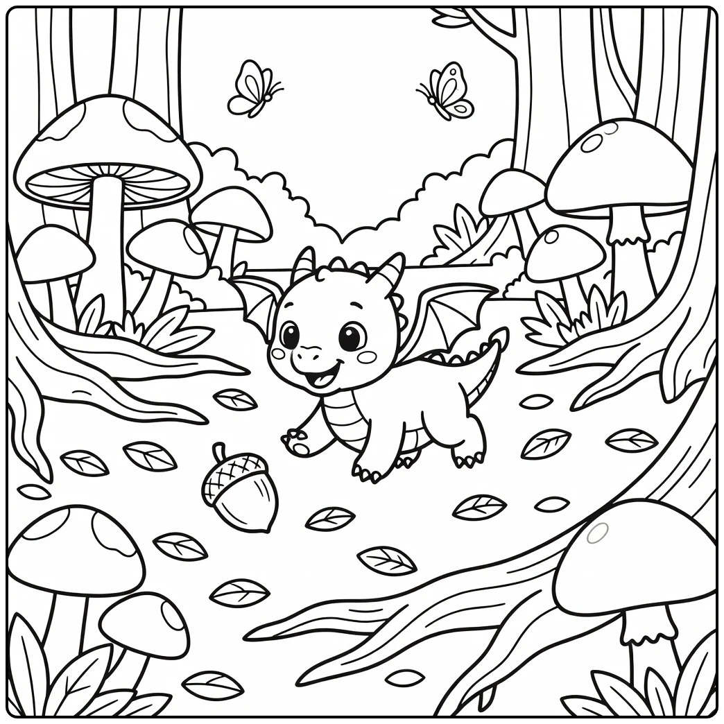 Baby dragon coloring page: chasing acorn in forest clearing