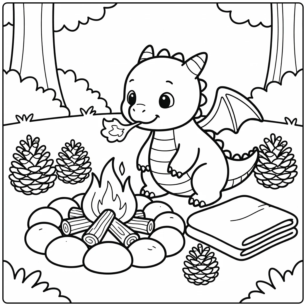 Baby dragon coloring page: blowing tiny flame at campfire ring