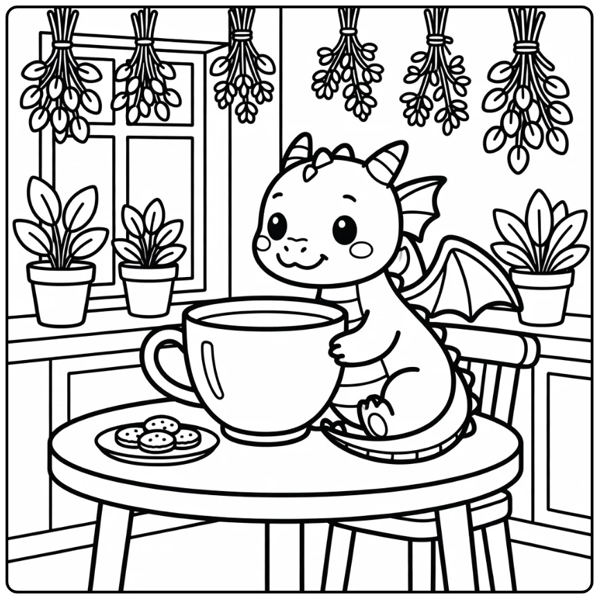 Baby dragon coloring page curled around warm teacup in kitchen