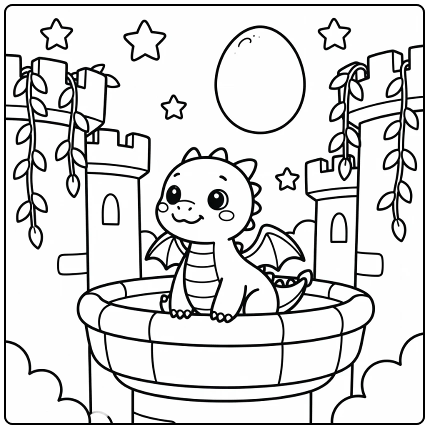 Baby dragon coloring page: cute dragon gazes at egg moon on balcony