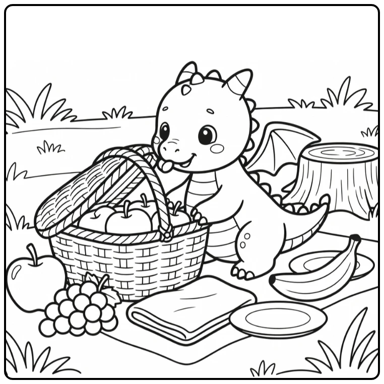 Baby dragon coloring page: poking nose in tipped picnic basket