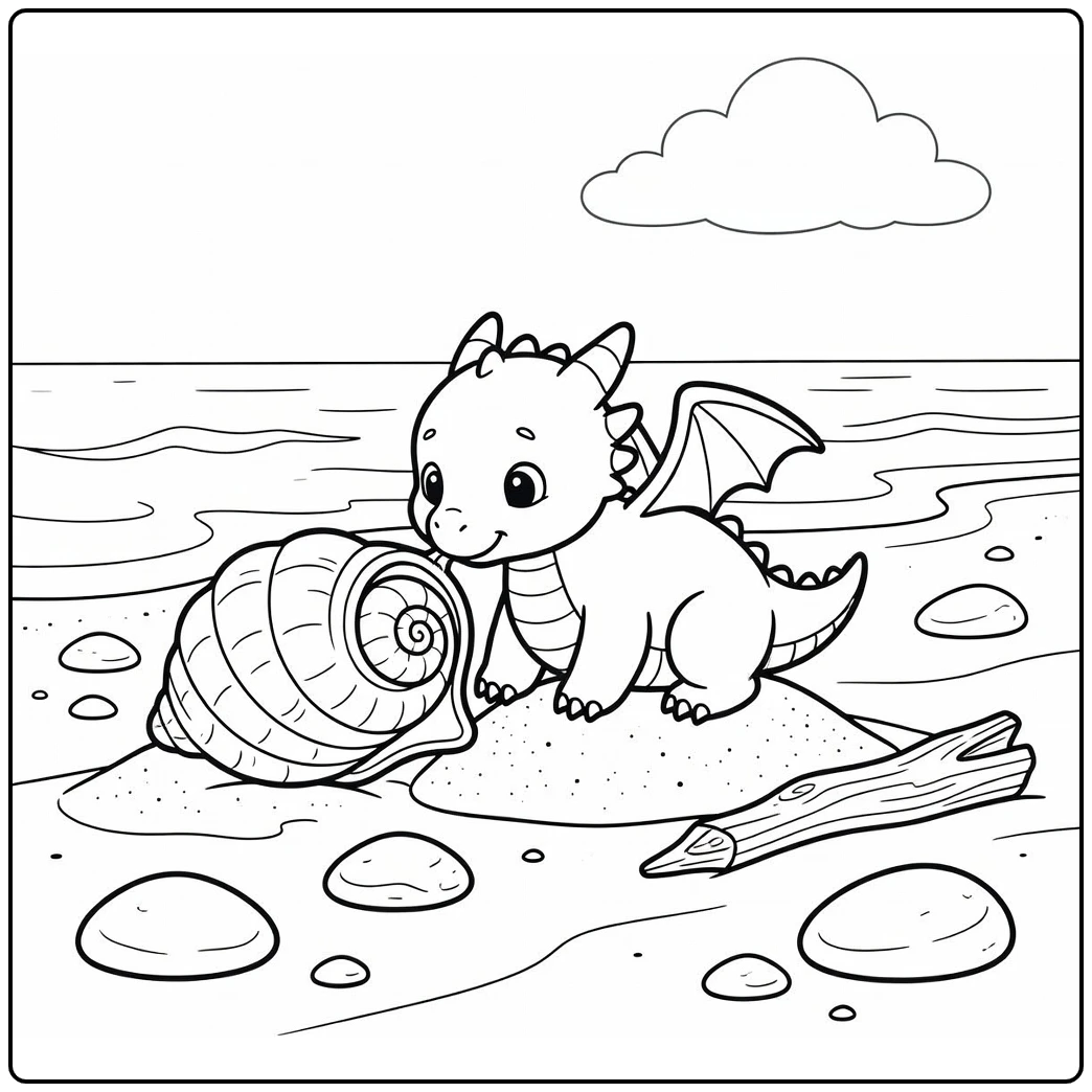 Baby dragon coloring page: sniffing seashell on beach