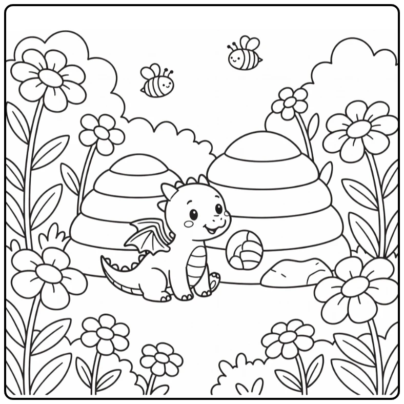 Baby dragon coloring page crouching by beehive rock bees