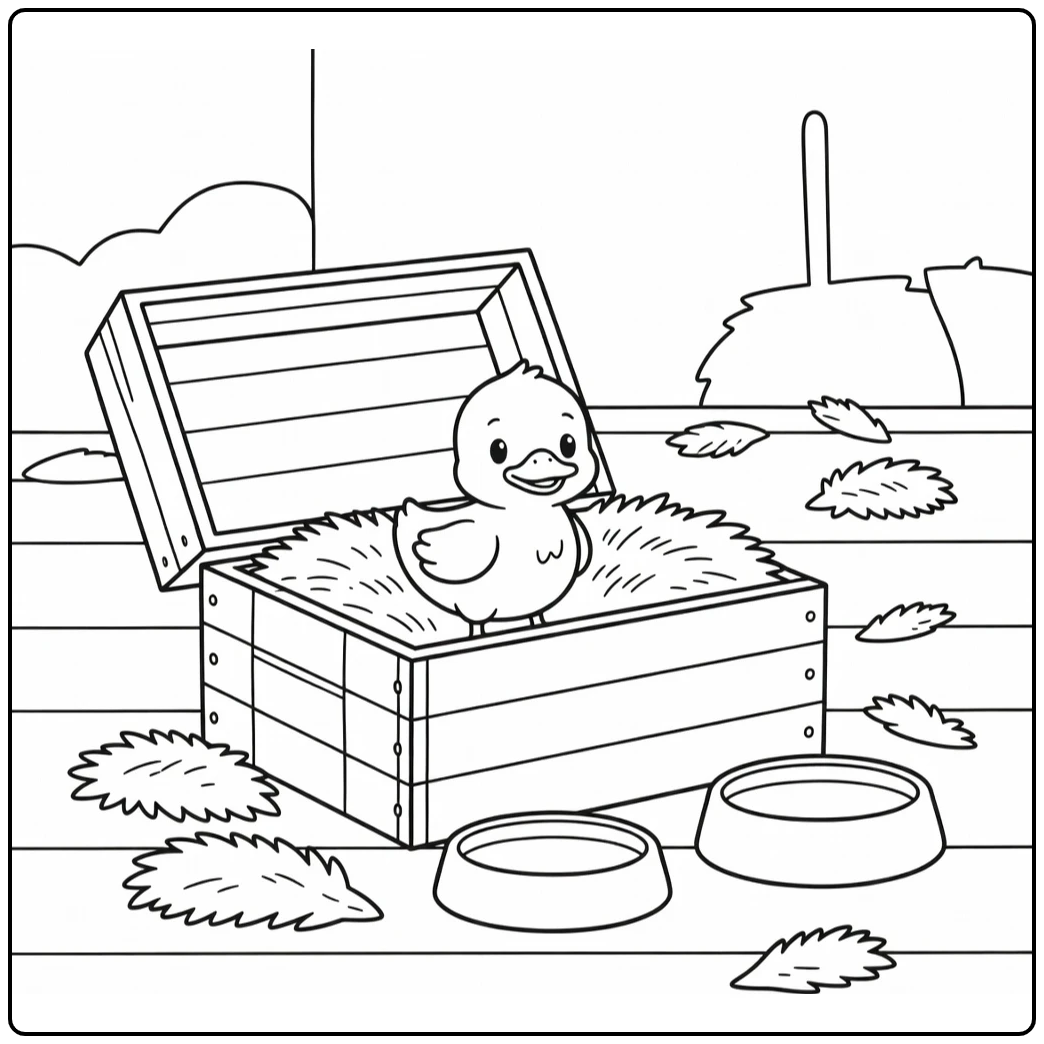 Baby duck coloring page with duckling and farm crate