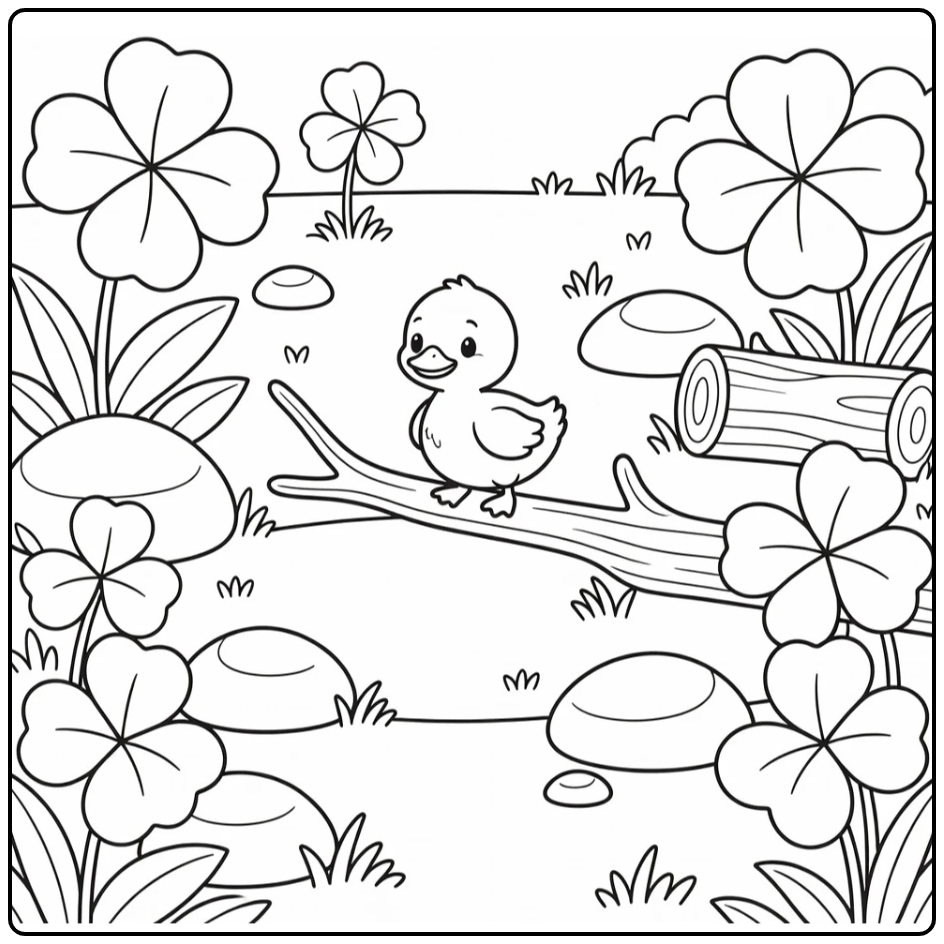 Baby duck coloring page on branch in meadow
