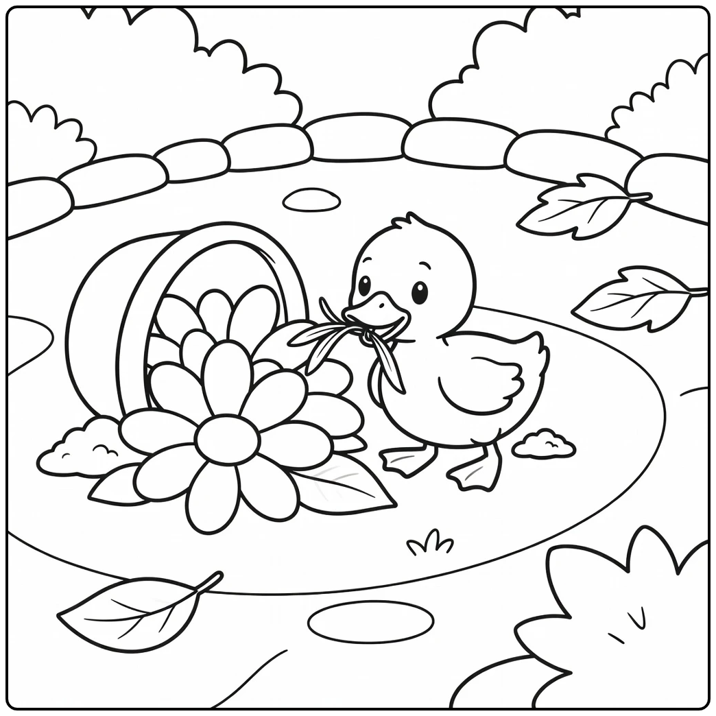 Baby duck coloring page featuring curious duckling in garden