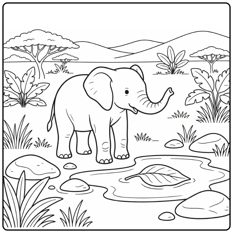 Realistic animal coloring page for kids - baby elephant by puddle