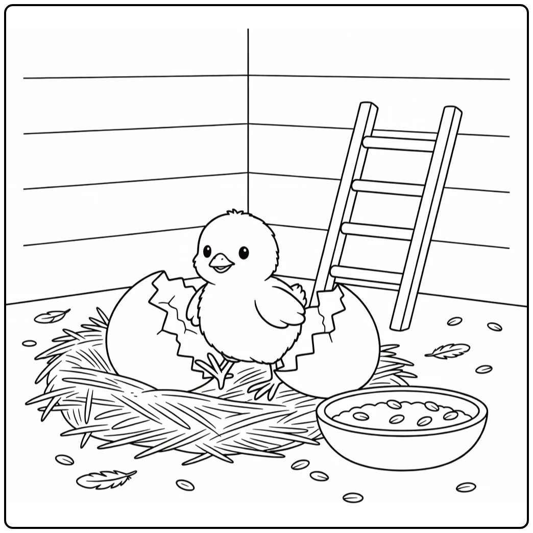 Baby farm animal coloring page of cute chick hatching in coop