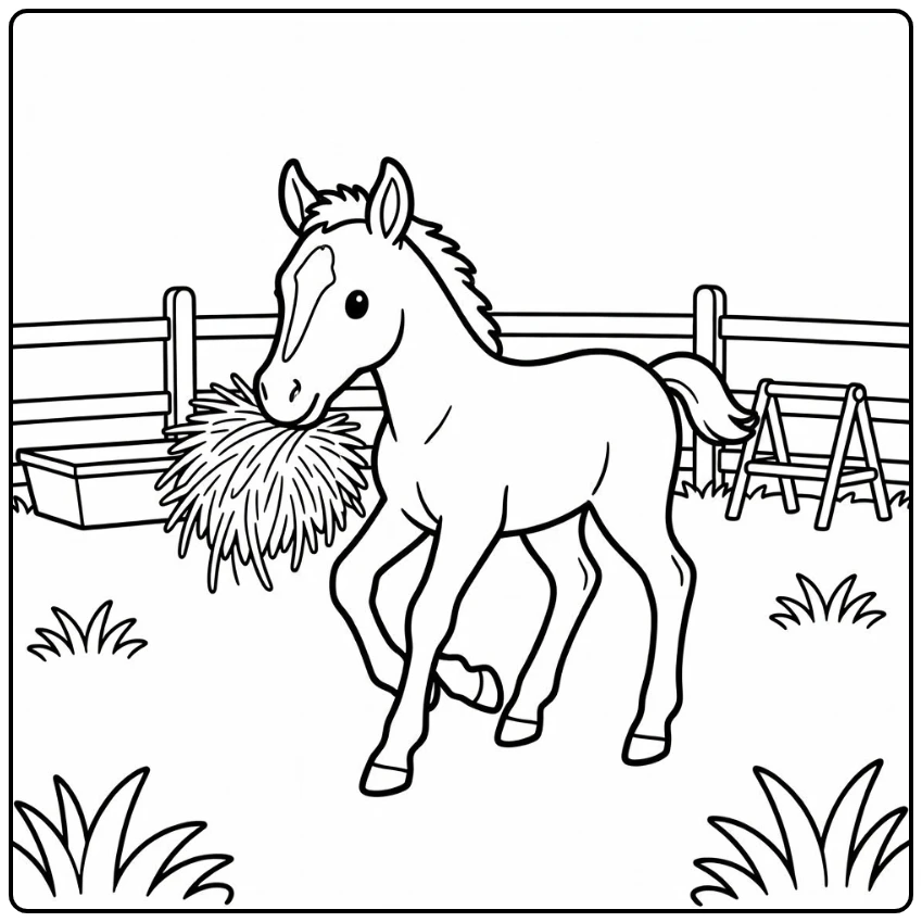 baby farm animal coloring page: foal nudging hay