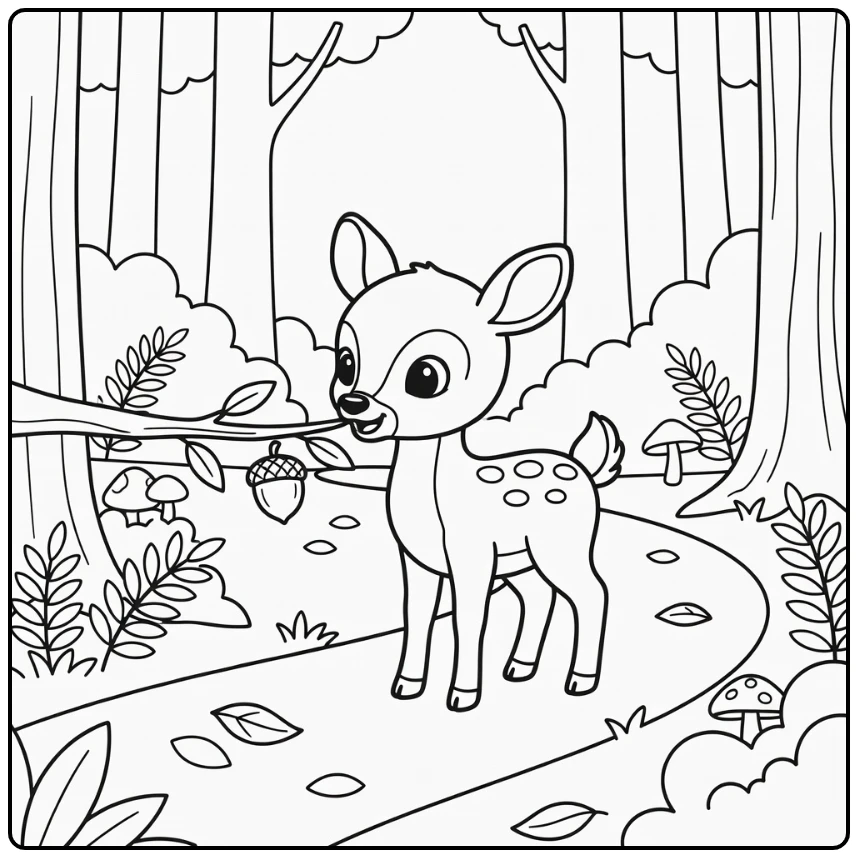 Curious baby fawn reaching for acorn on branch, woodland path - baby animal coloring pages