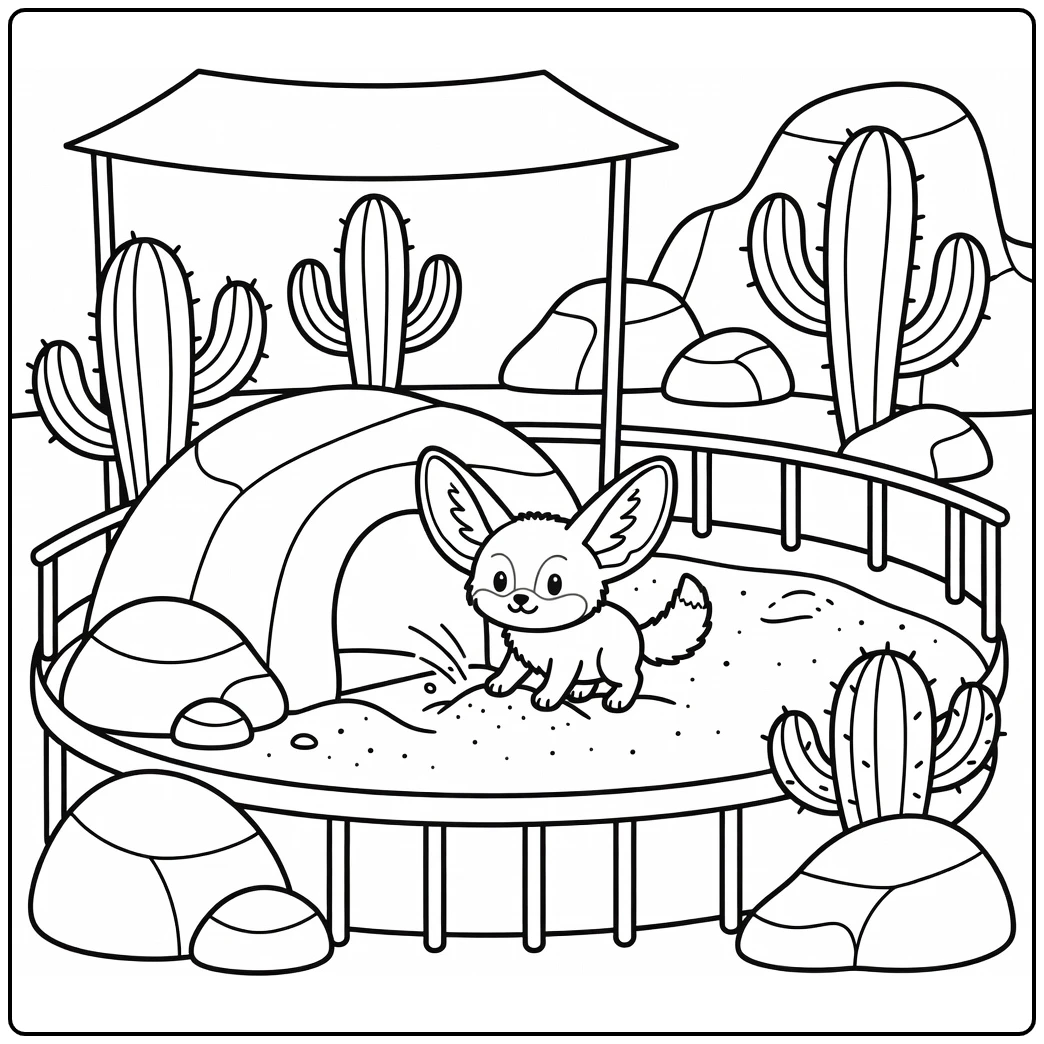 Preschool zoo coloring page: baby fennec fox digging burrow