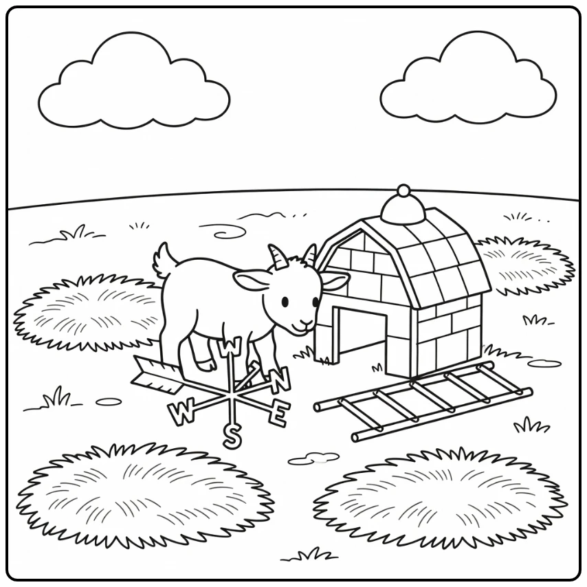Baby goat coloring page of kid sniffing weather vane on farm
