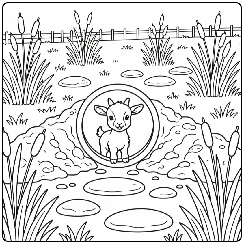 Baby goat coloring page featuring baby goat in drainage meadow