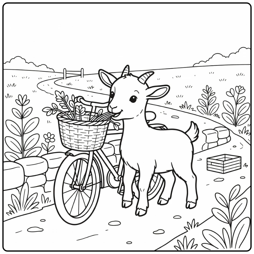 Baby goat coloring page nibbling leafy basket on farm bicycle