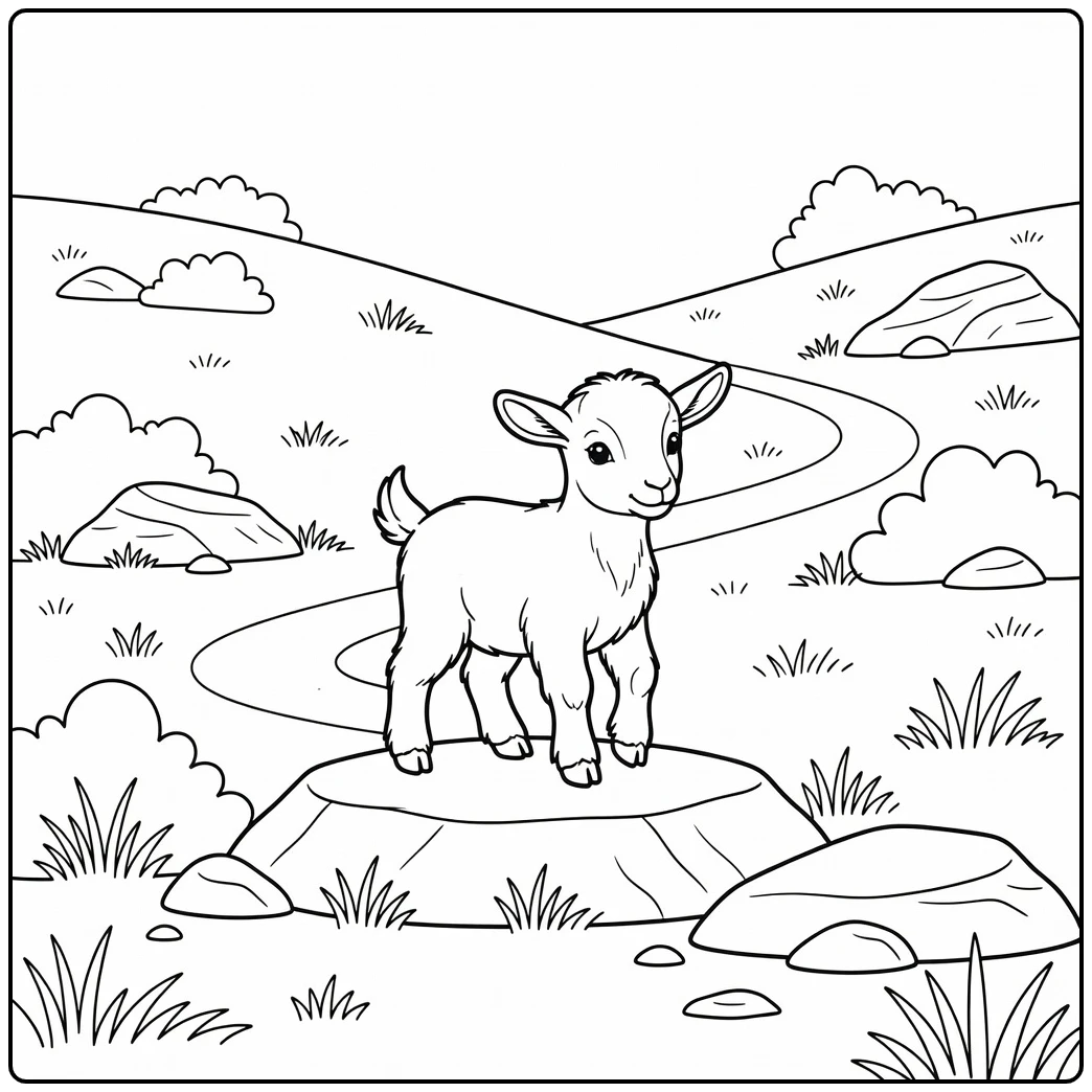 Curious baby goat kid balancing on rock ledge baby animal coloring pages