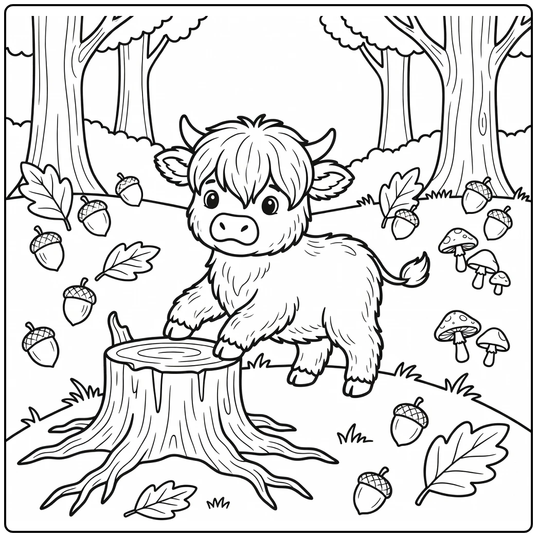Baby highland cow coloring pages: fluffy calf on stump