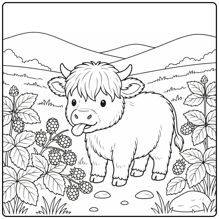 Baby highland cow coloring pages: fluffy calf at berries