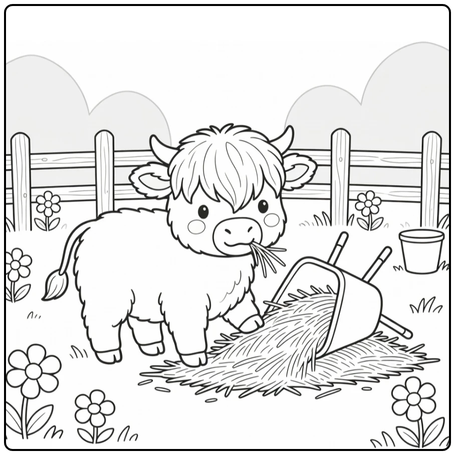 Baby highland cow coloring pages: fluffy calf nudges straw