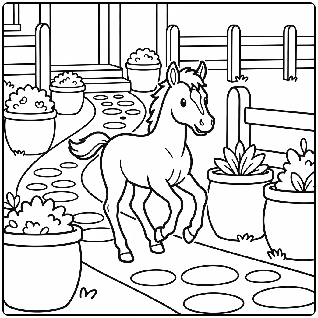 Baby Horse Coloring Page with Playful Foal