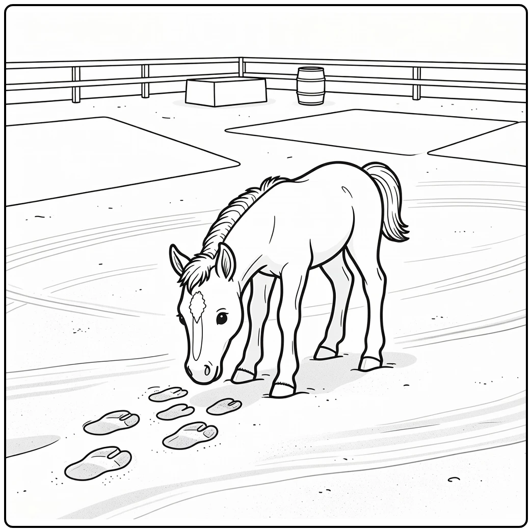 Baby horse coloring page of foal smelling hoofprints in sand