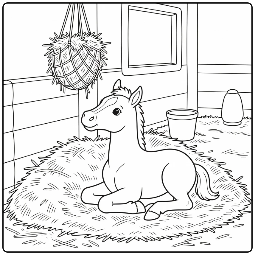 Baby horse coloring page of a foal resting in stable straw