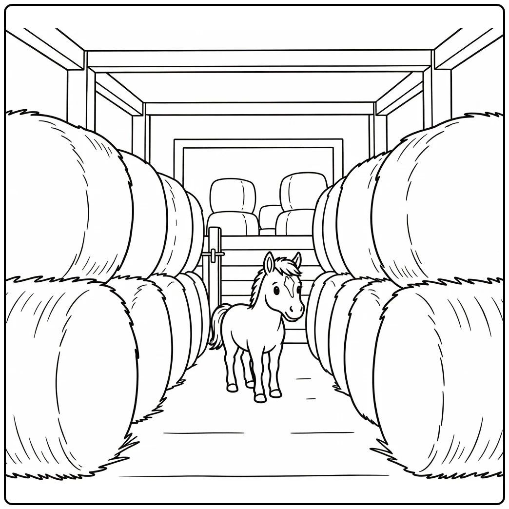 Baby horse coloring page walking through hay bales