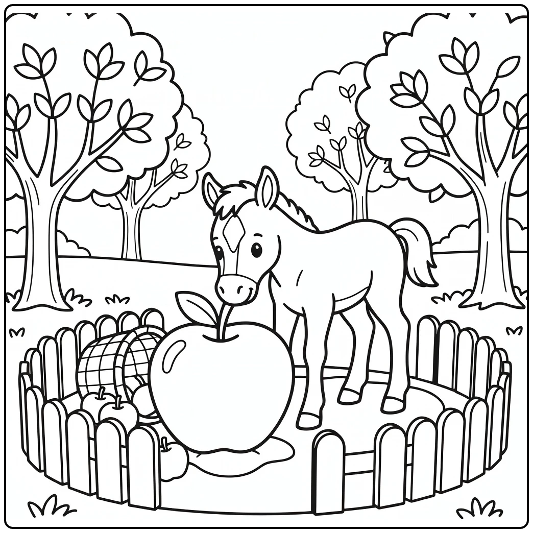 Cute baby horse coloring page sniffing apple from tipped basket