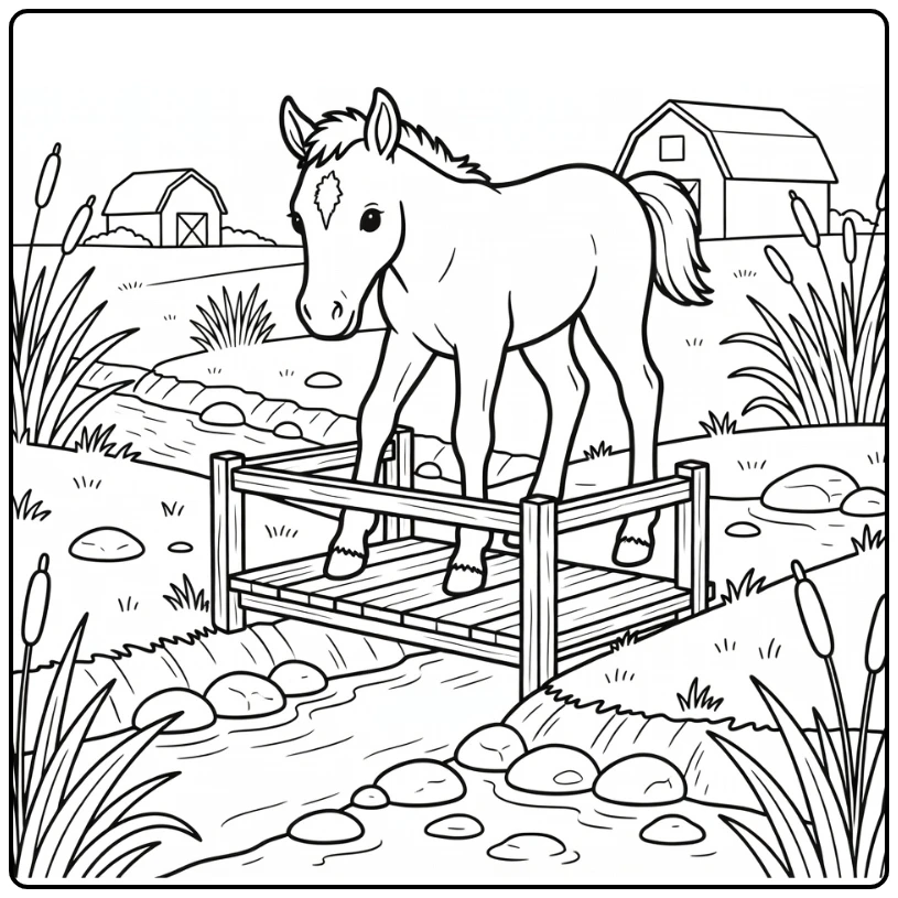 Baby horse coloring page of foal on wooden footbridge