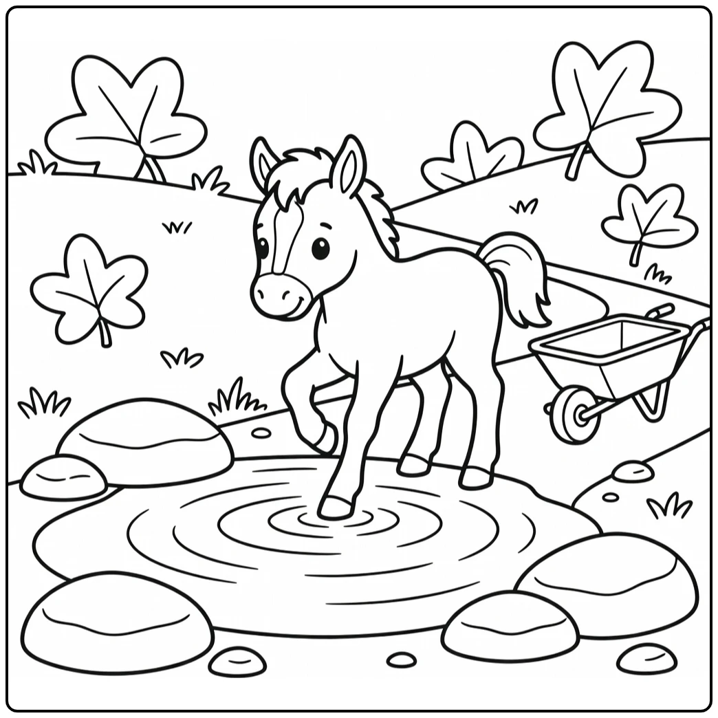 Adorable baby horse coloring page at shallow puddle farm path