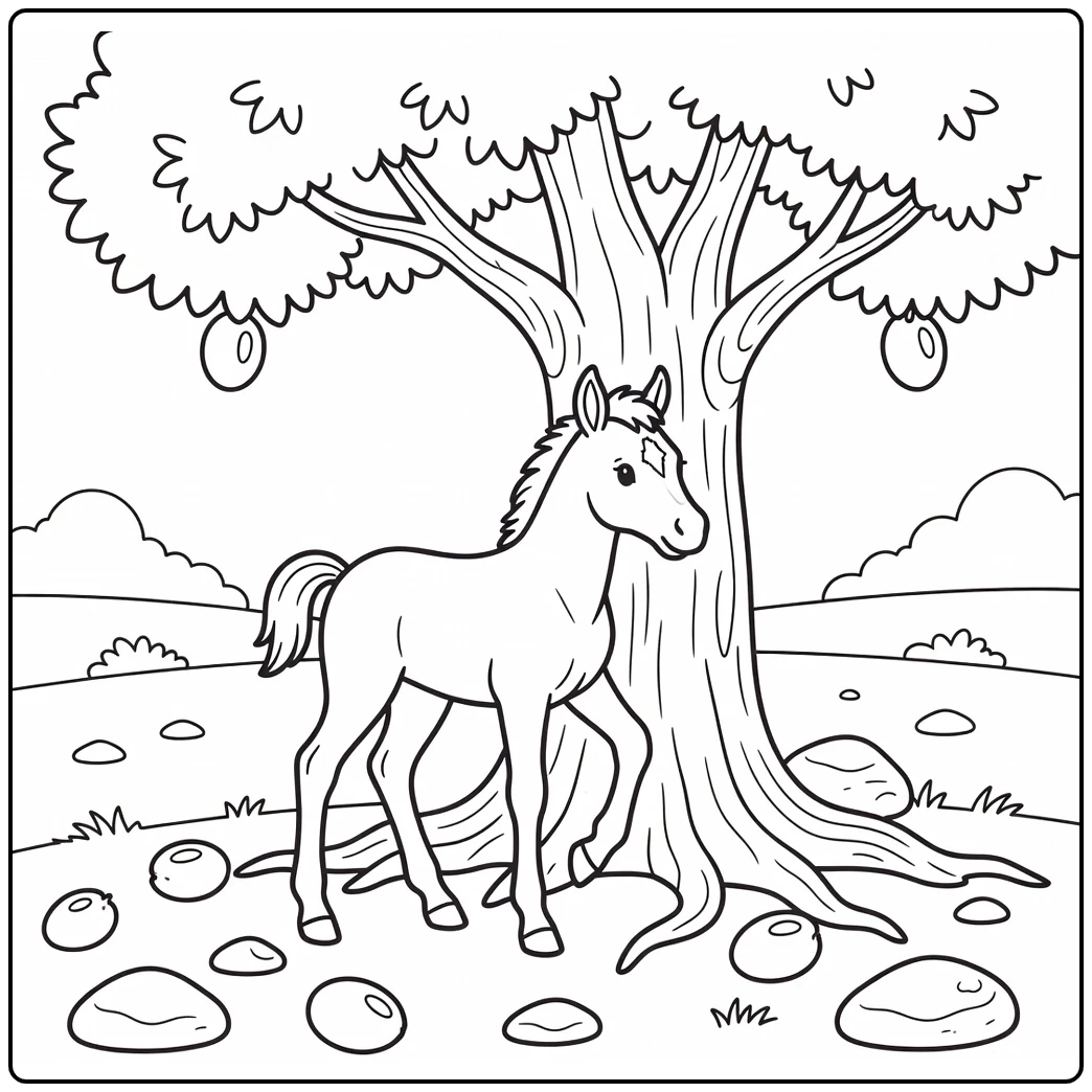 Baby horse coloring page of foal scratching neck under tree