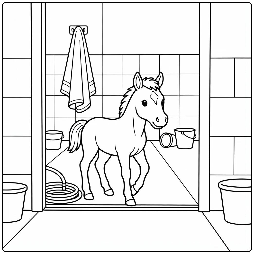 Baby horse coloring page stepping into wash bay with coiled hose