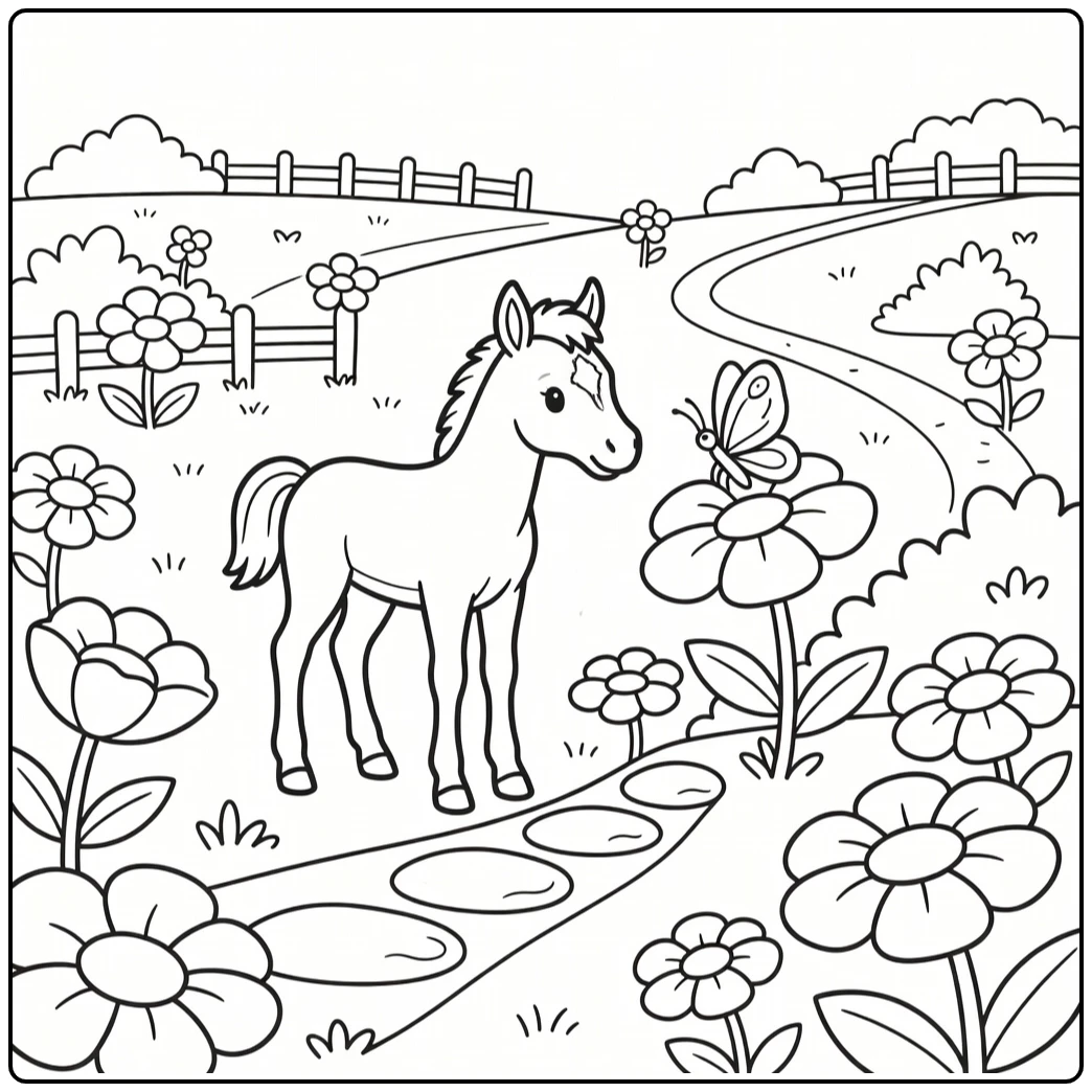 Baby horse coloring page with foal and butterfly on flower