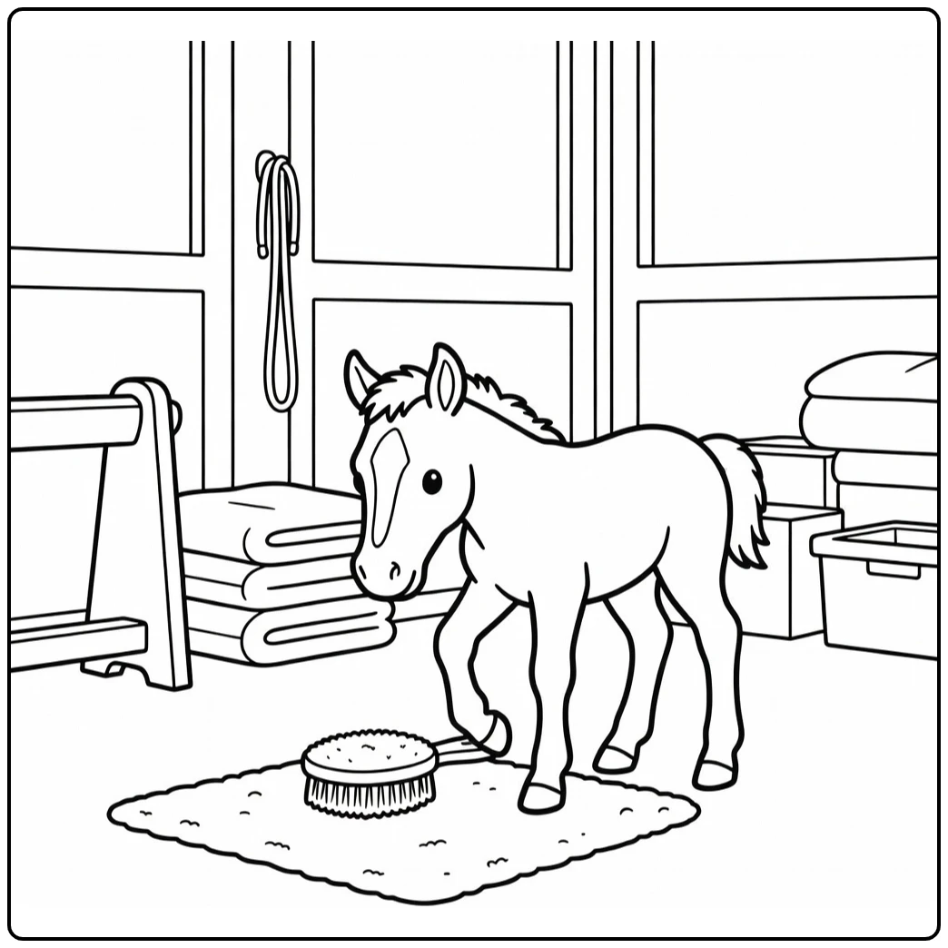 Baby Horse Coloring Page with Foal and Grooming Brush