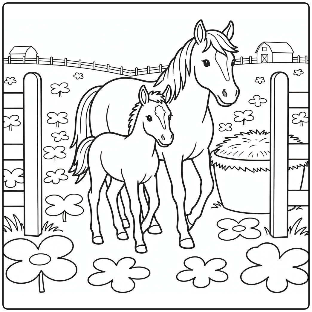 Baby Horse Coloring Page featuring cute foal behind gentle mare